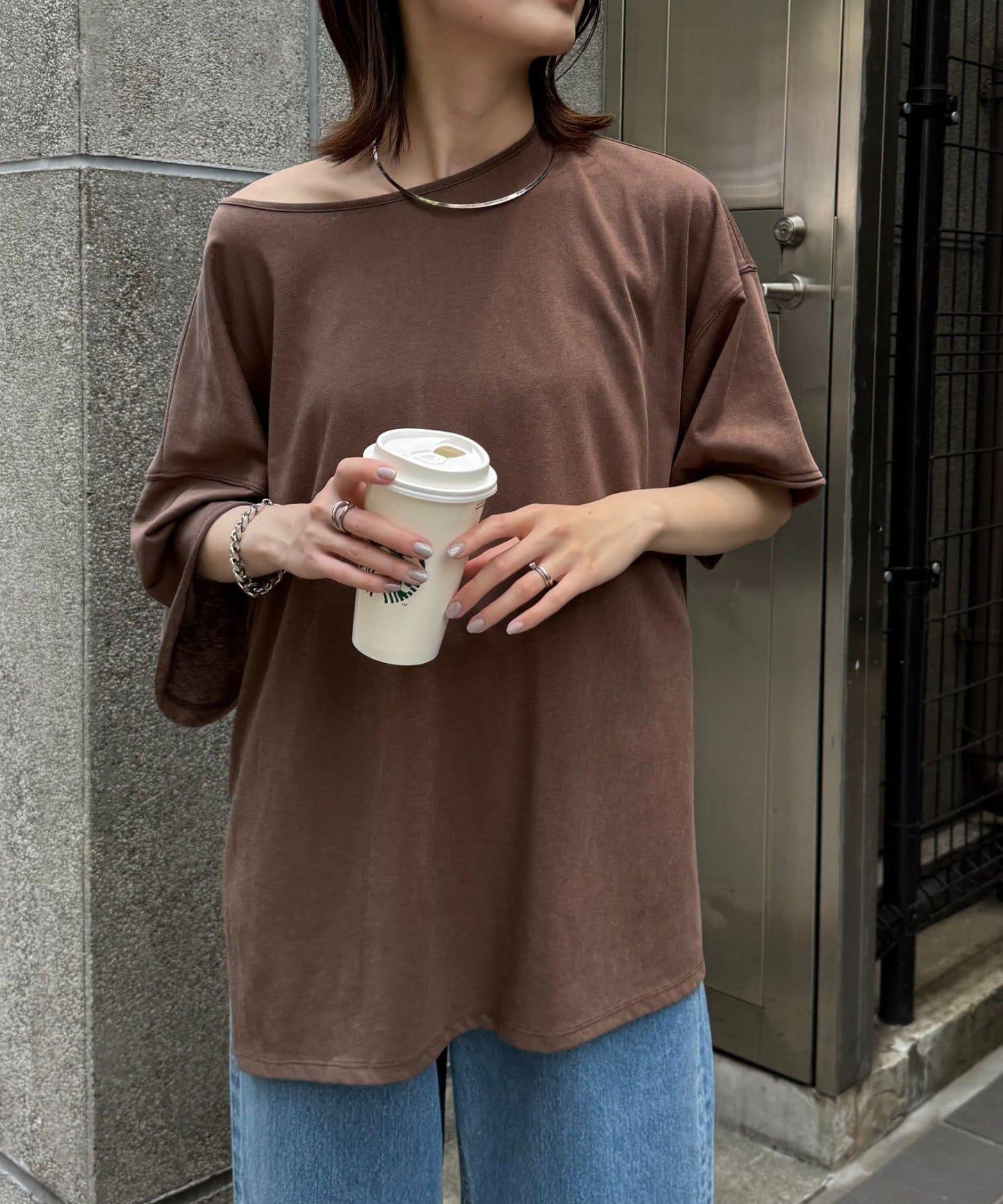 透薄拼接一點刺繡oversize短袖T恤