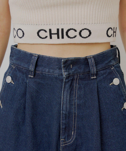 高腰 闊腿 紐扣設計 牛仔 牛仔褲