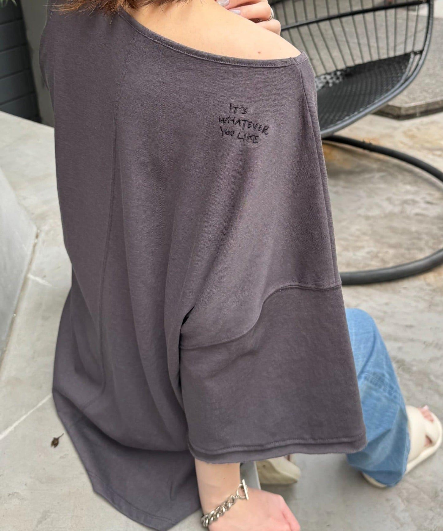 透薄拼接一點刺繡oversize短袖T恤