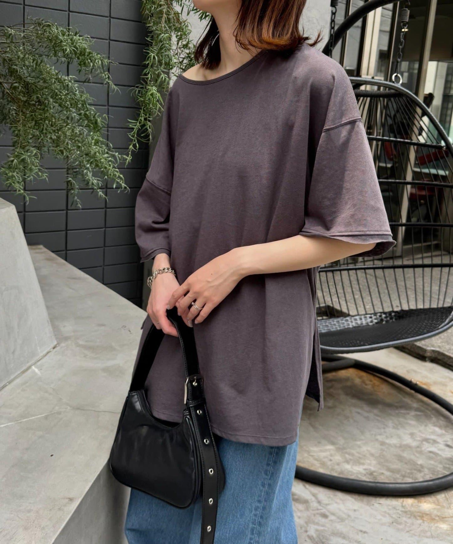 透薄拼接一點刺繡oversize短袖T恤