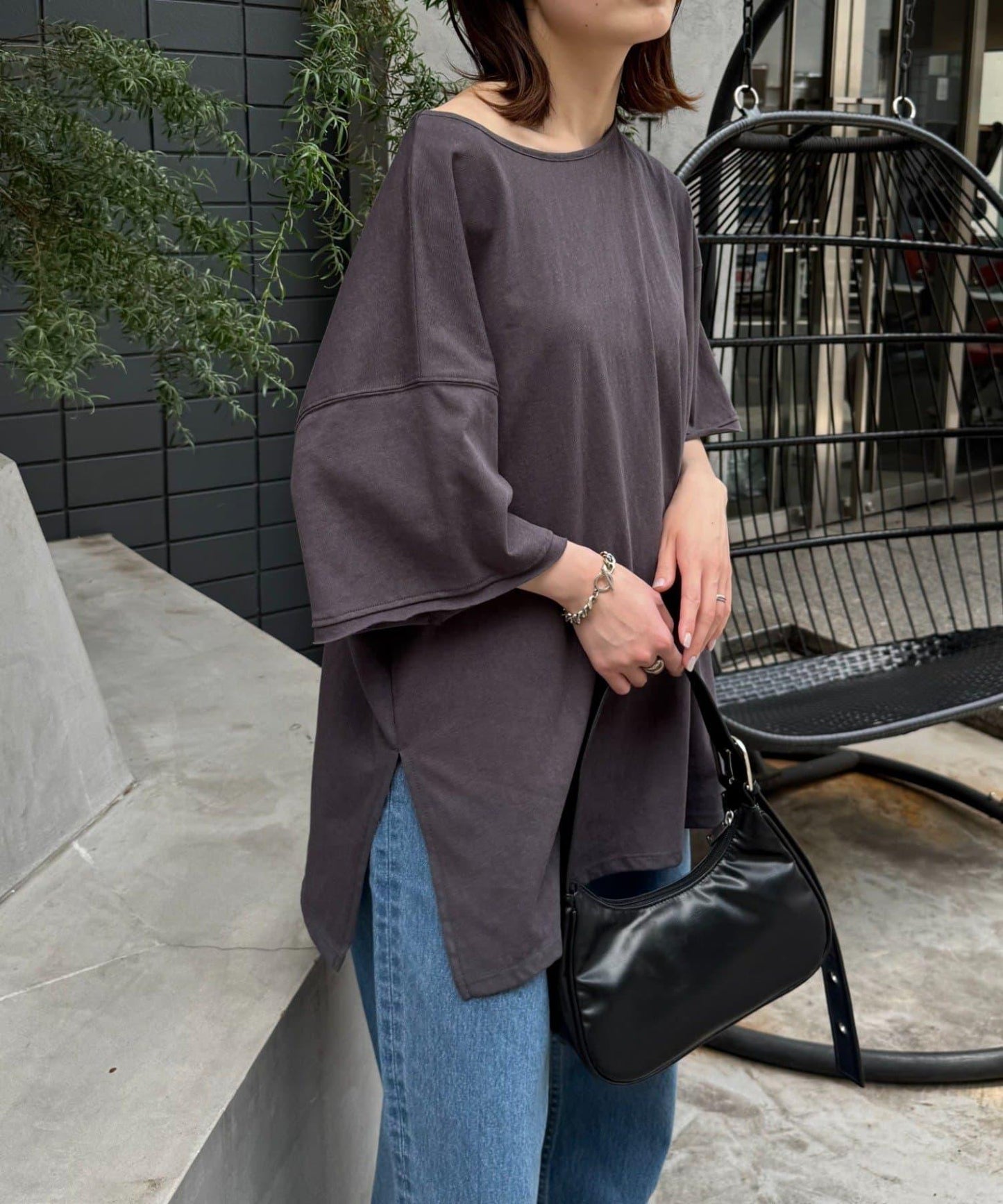 透薄拼接一點刺繡oversize短袖T恤