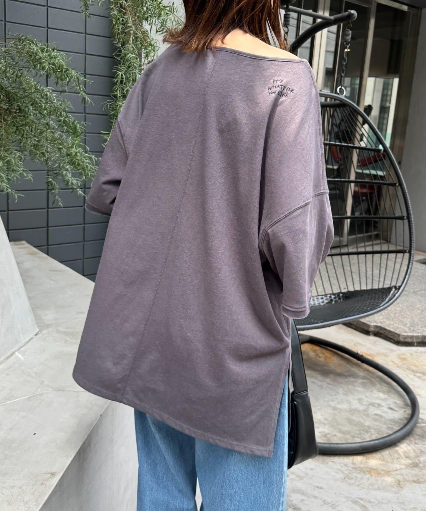 透薄拼接一點刺繡oversize短袖T恤