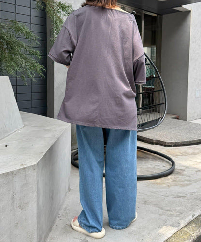 透薄拼接一點刺繡oversize短袖T恤