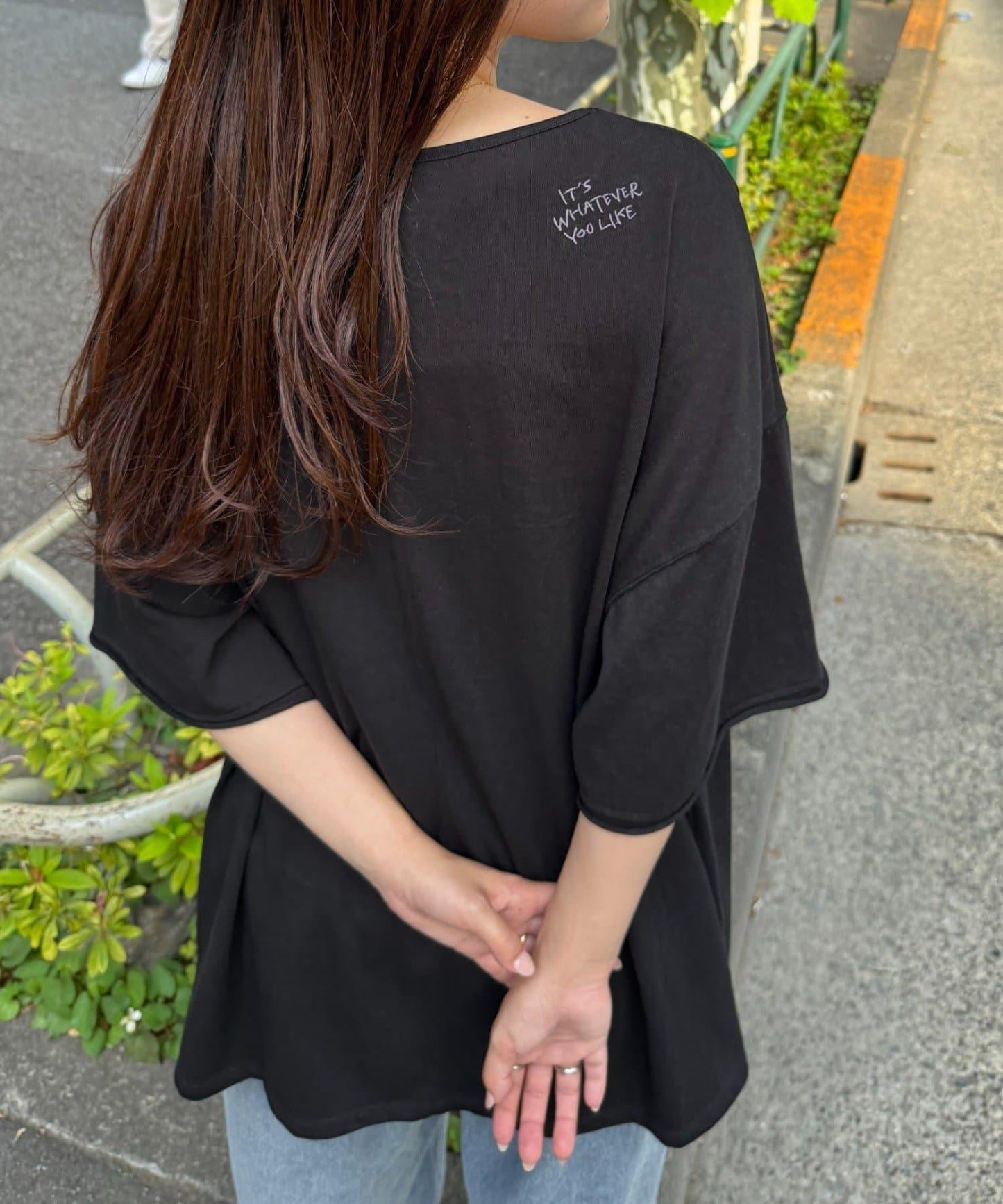 透薄拼接一點刺繡oversize短袖T恤