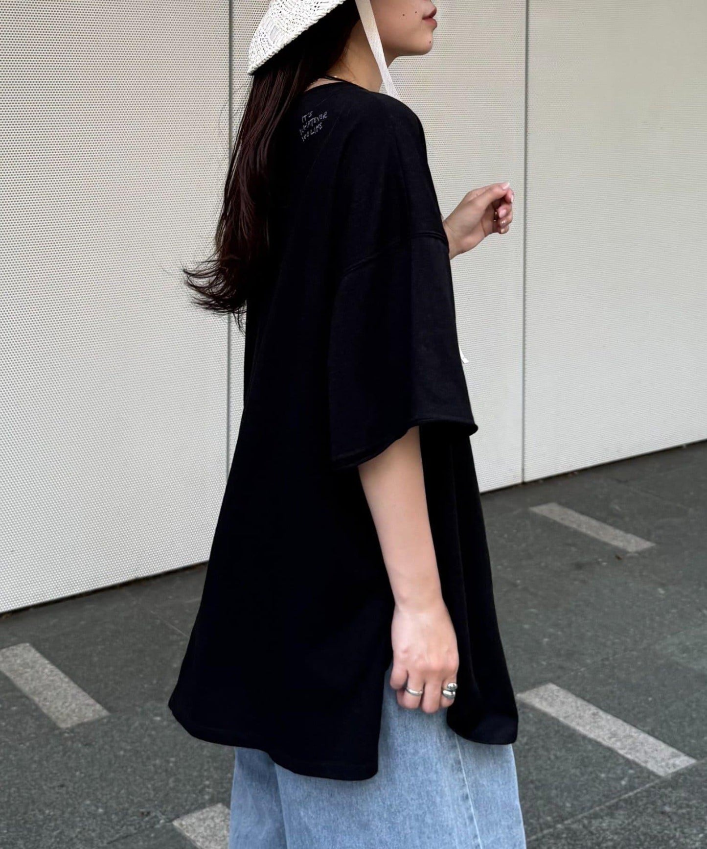 透薄拼接一點刺繡oversize短袖T恤