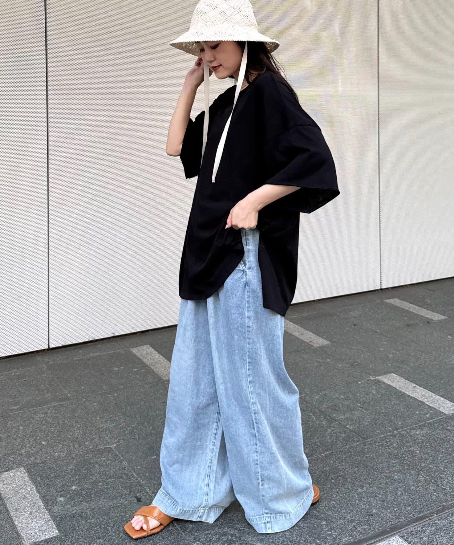 透薄拼接一點刺繡oversize短袖T恤