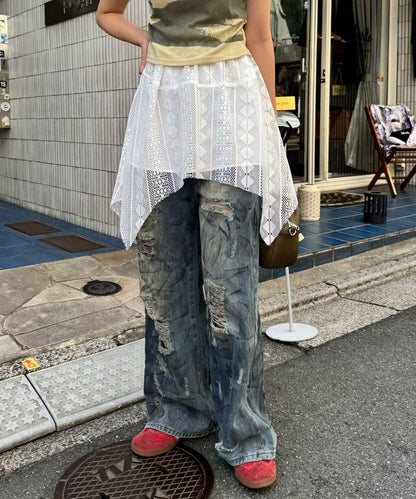 【中性款】蕾絲透視不對稱疊層裙