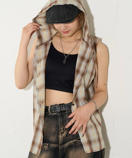 WHO'S WHO gallery 無袖格紋連帽襯衫