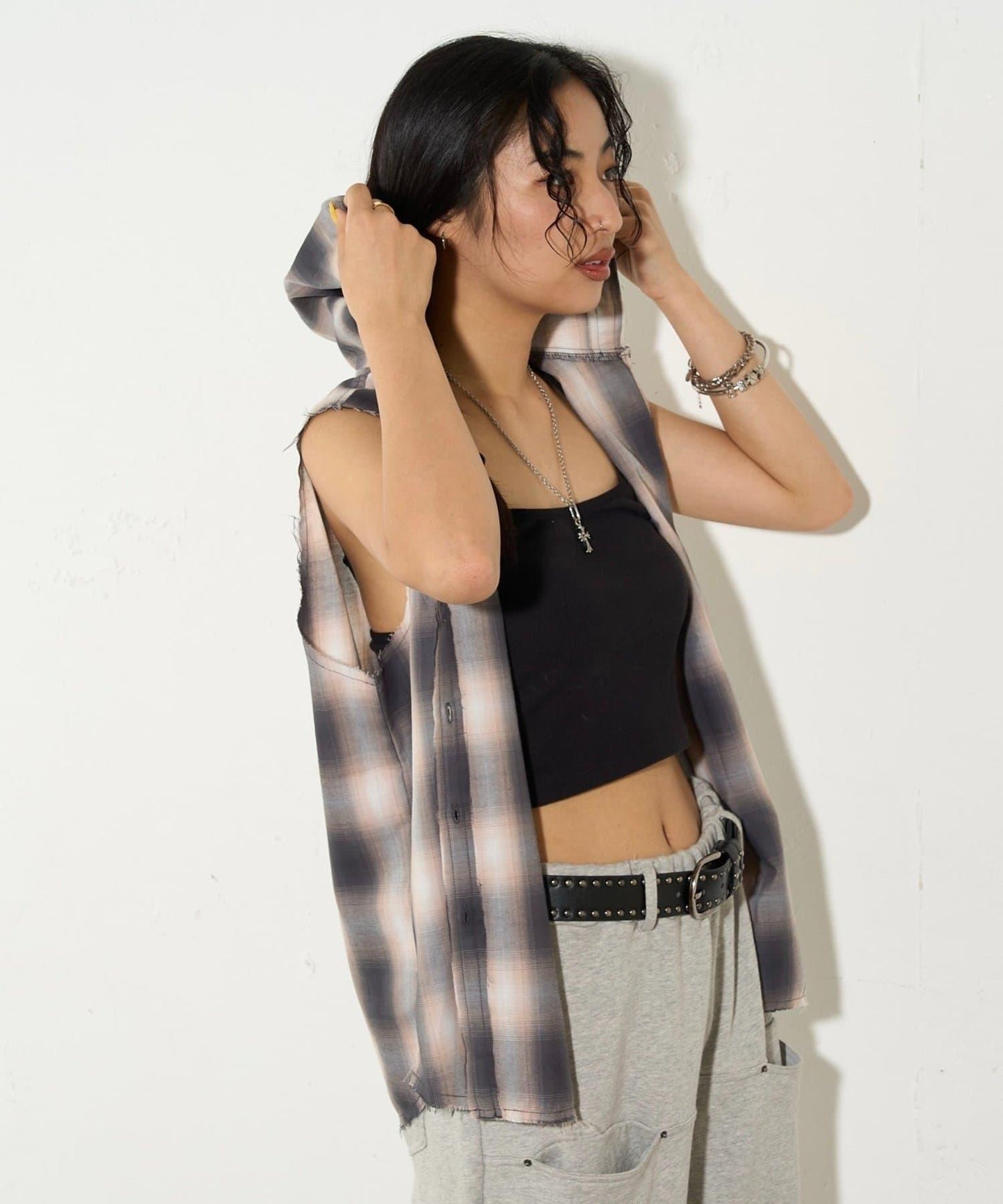 WHO'S WHO gallery 無袖格紋連帽襯衫