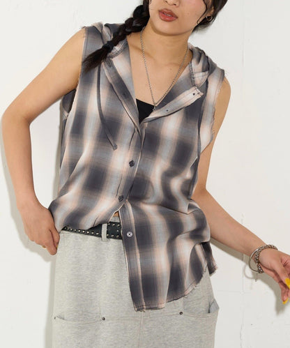 WHO'S WHO gallery 無袖格紋連帽襯衫