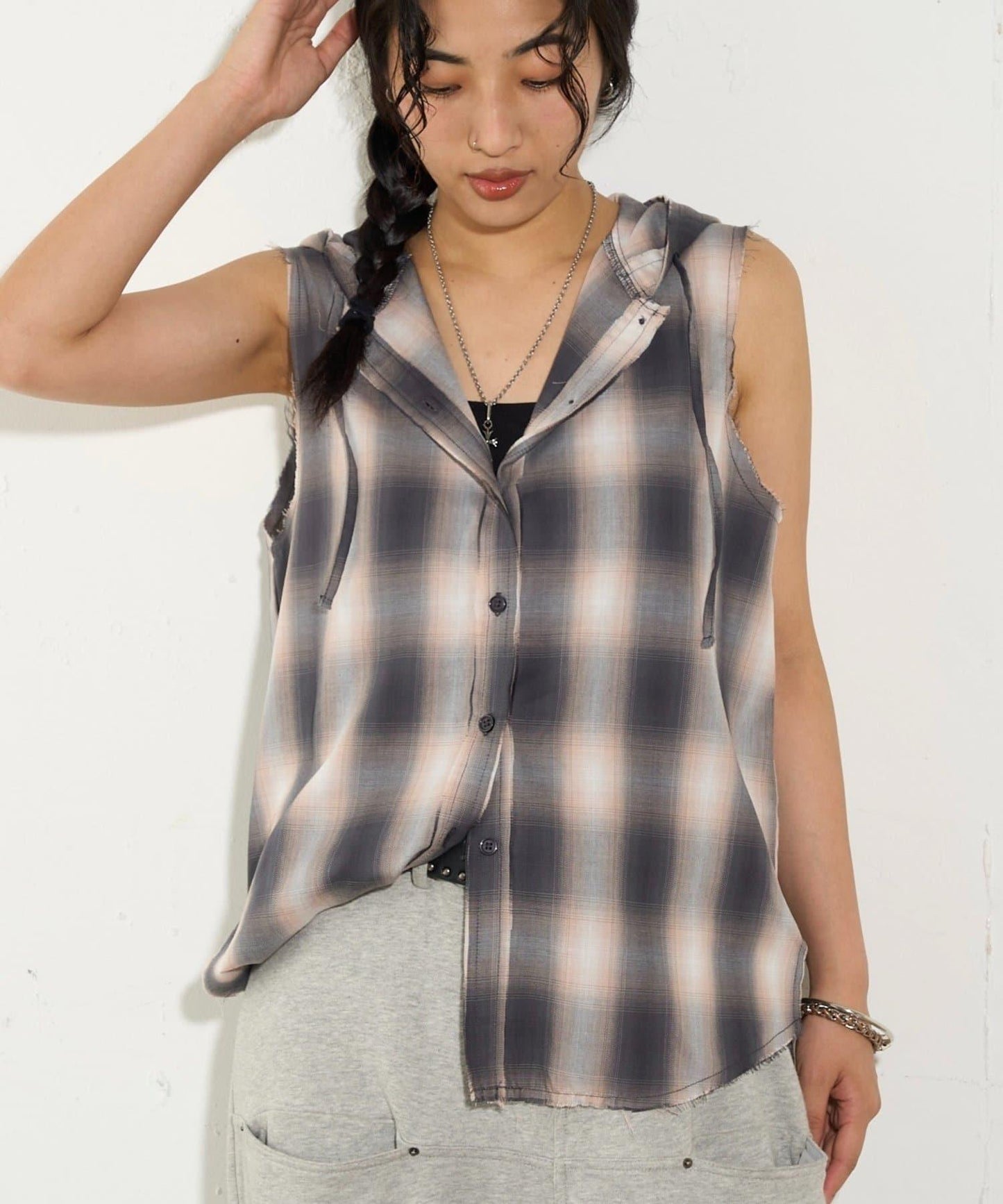 WHO'S WHO gallery 無袖格紋連帽襯衫