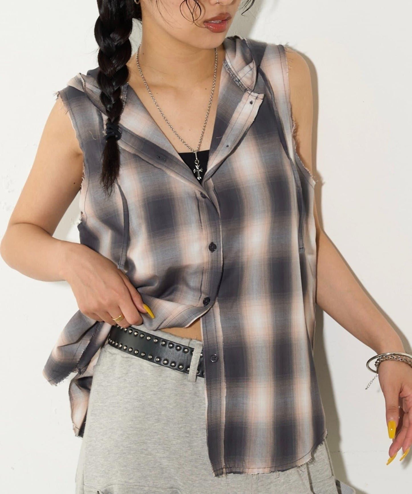 WHO'S WHO gallery 無袖格紋連帽襯衫