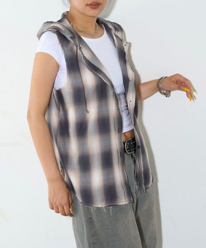 WHO'S WHO gallery 無袖格紋連帽襯衫