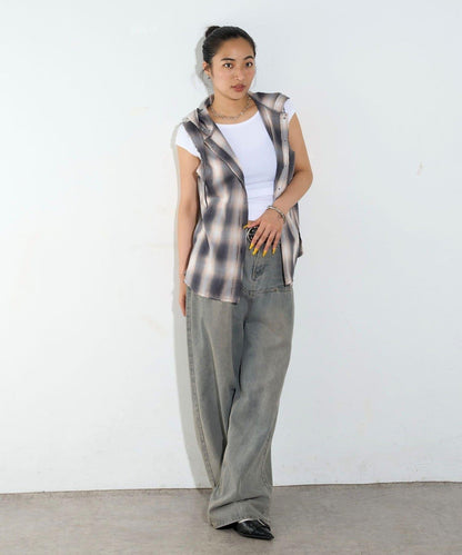 WHO'S WHO gallery 無袖格紋連帽襯衫