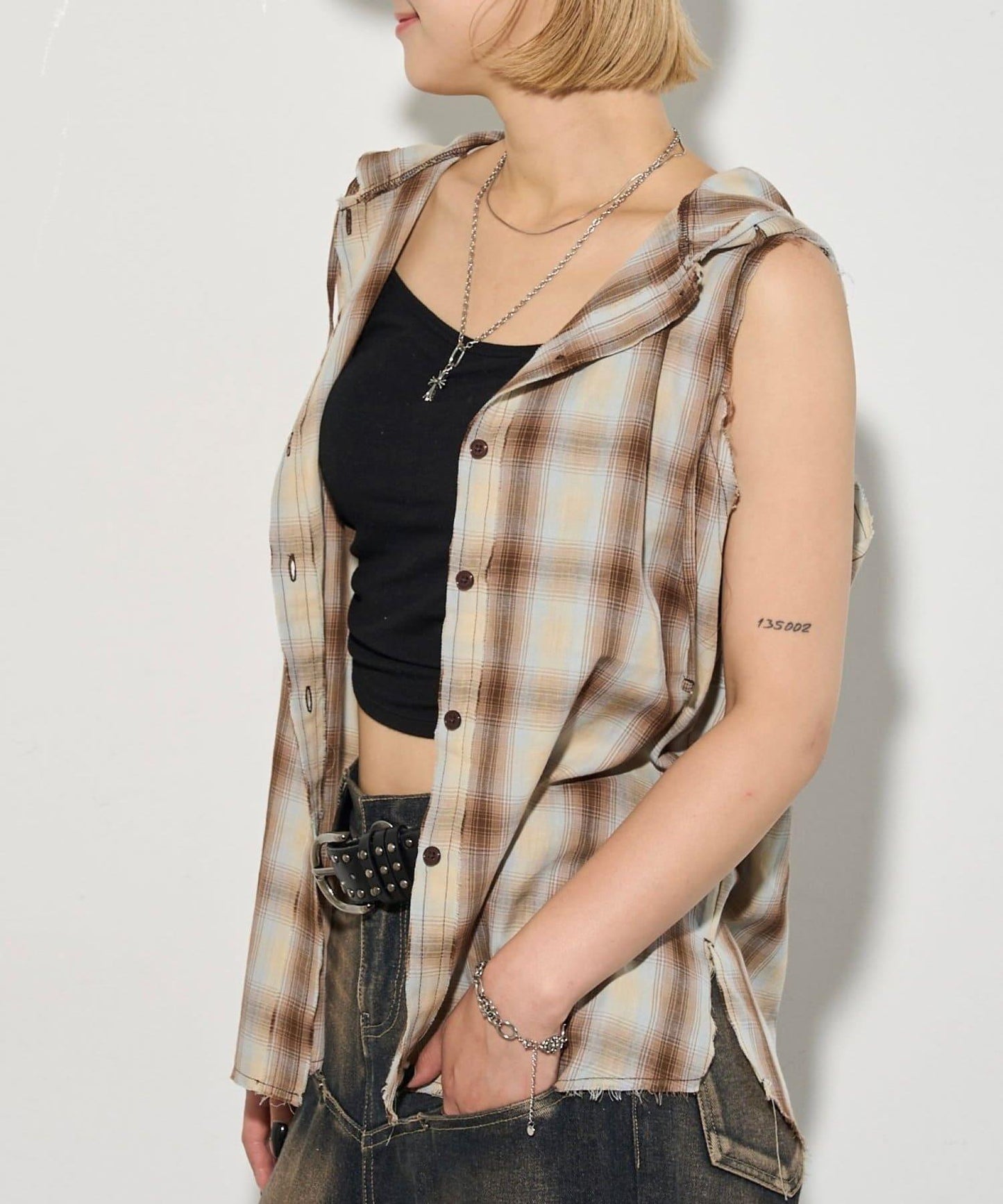 WHO'S WHO gallery 無袖格紋連帽襯衫