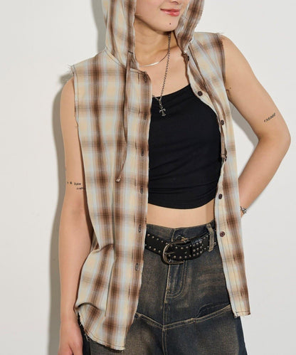 WHO'S WHO gallery 無袖格紋連帽襯衫