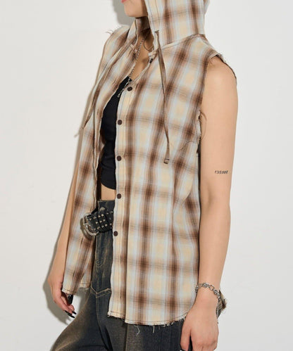 WHO'S WHO gallery 無袖格紋連帽襯衫