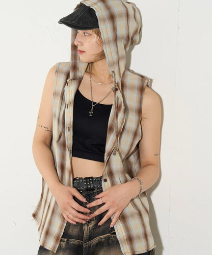 WHO'S WHO gallery 無袖格紋連帽襯衫
