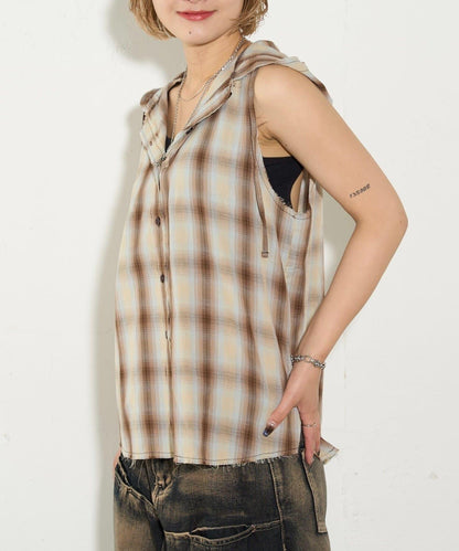 WHO'S WHO gallery 無袖格紋連帽襯衫