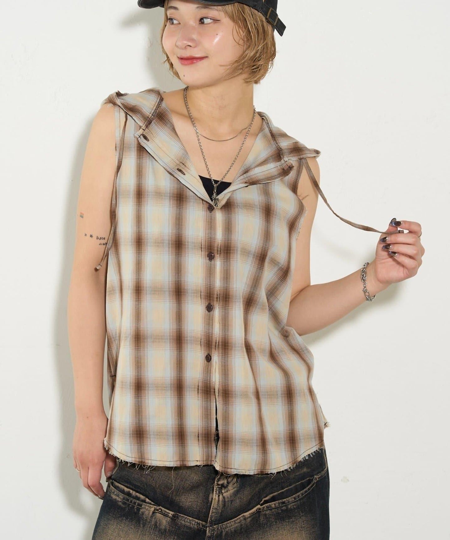 WHO'S WHO gallery 無袖格紋連帽襯衫