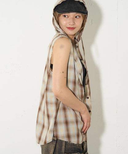 WHO'S WHO gallery 無袖格紋連帽襯衫