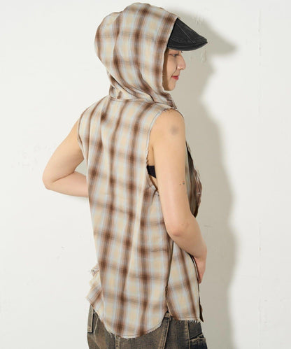 WHO'S WHO gallery 無袖格紋連帽襯衫