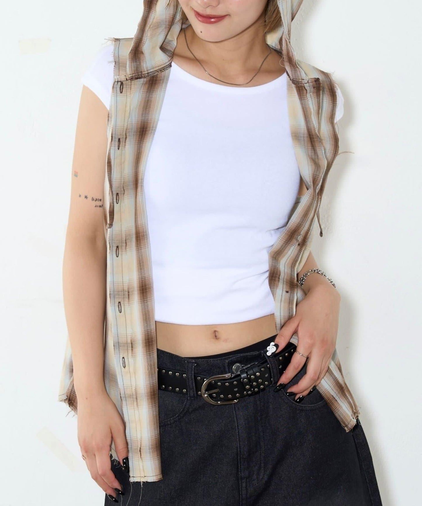 WHO'S WHO gallery 無袖格紋連帽襯衫