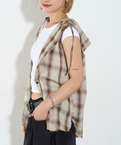 WHO'S WHO gallery 無袖格紋連帽襯衫