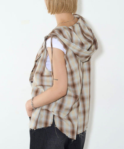 WHO'S WHO gallery 無袖格紋連帽襯衫