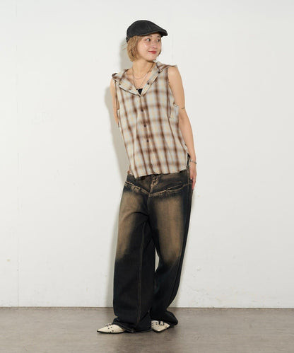 WHO'S WHO gallery 無袖格紋連帽襯衫