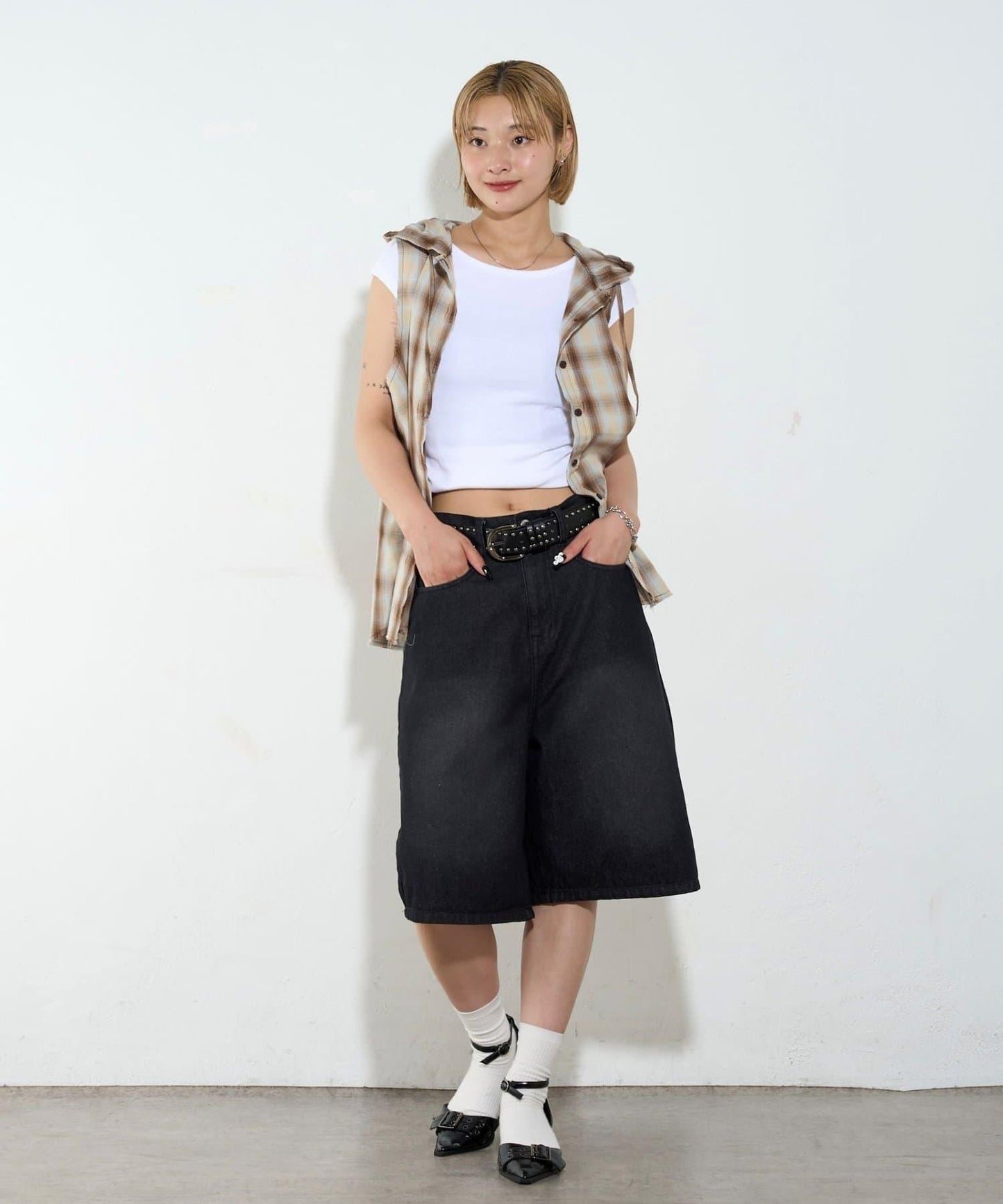 WHO'S WHO gallery 無袖格紋連帽襯衫