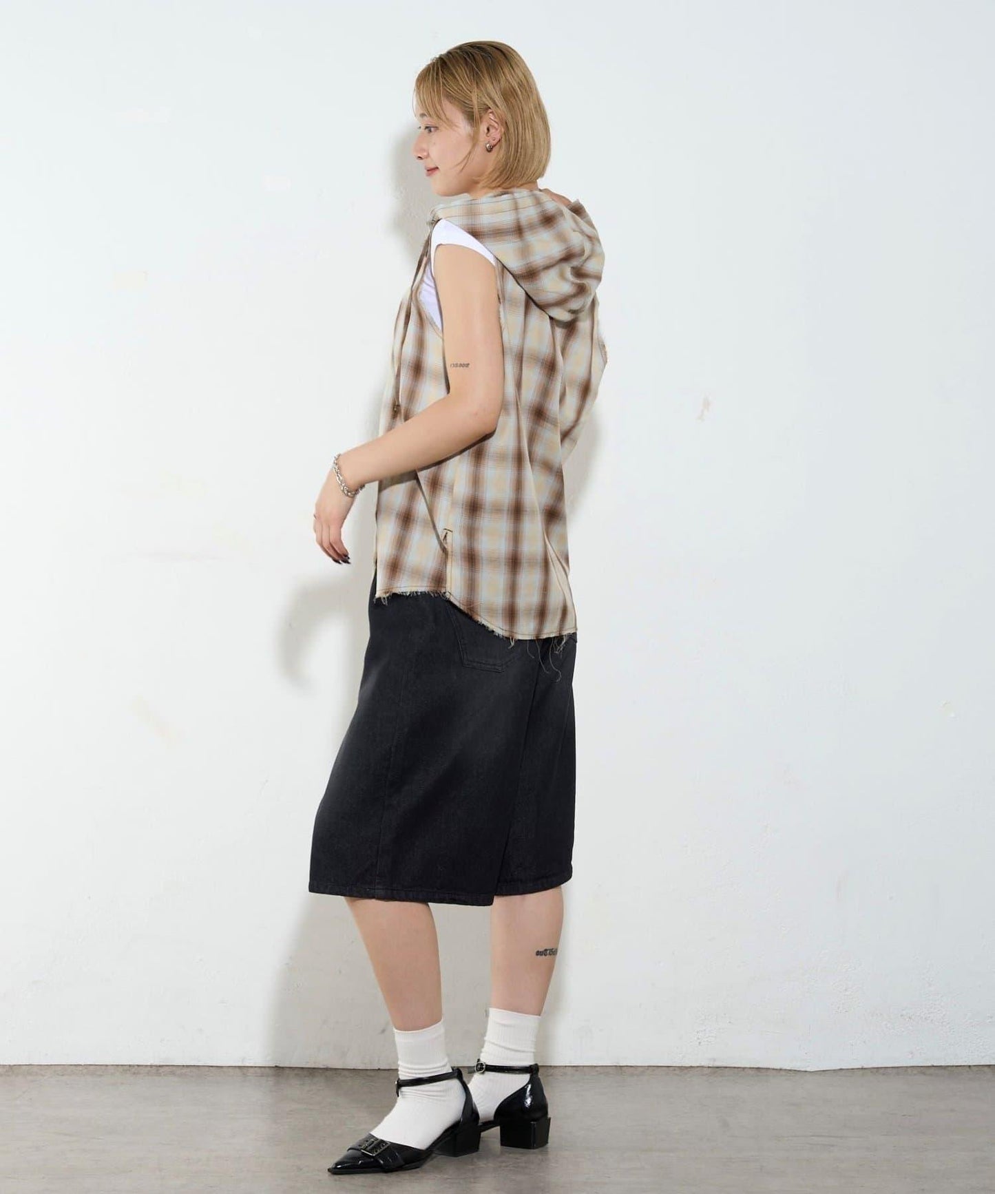 WHO'S WHO gallery 無袖格紋連帽襯衫