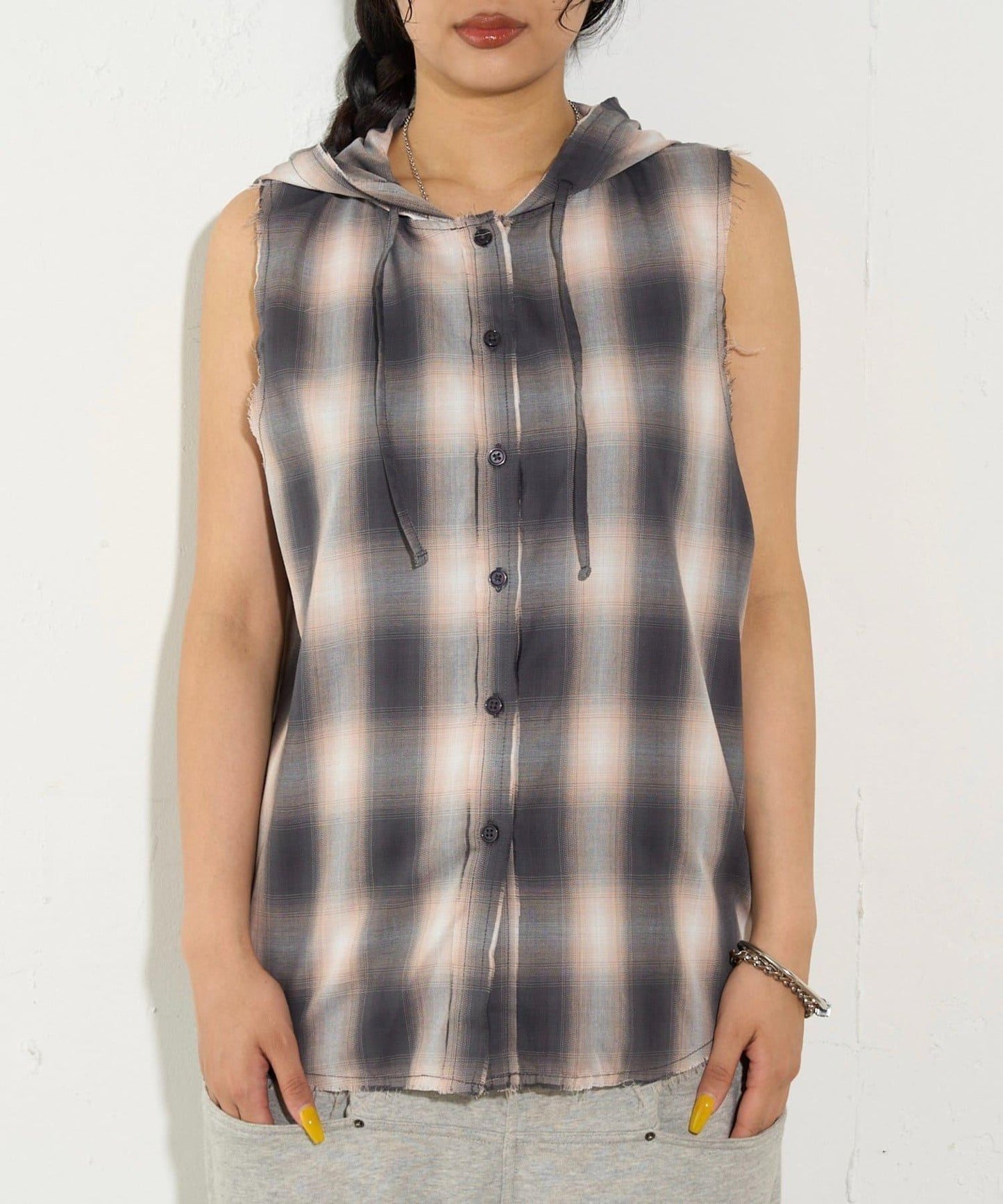 WHO'S WHO gallery 無袖格紋連帽襯衫