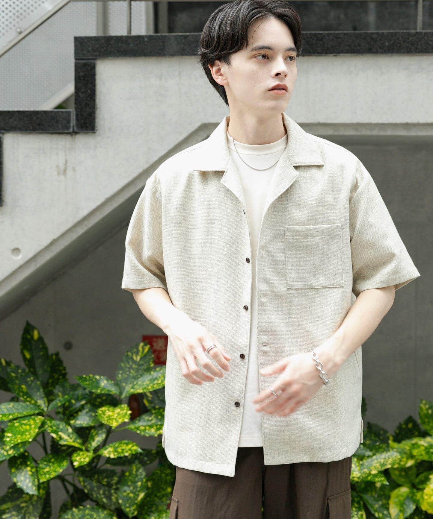 混色開領短袖襯衫