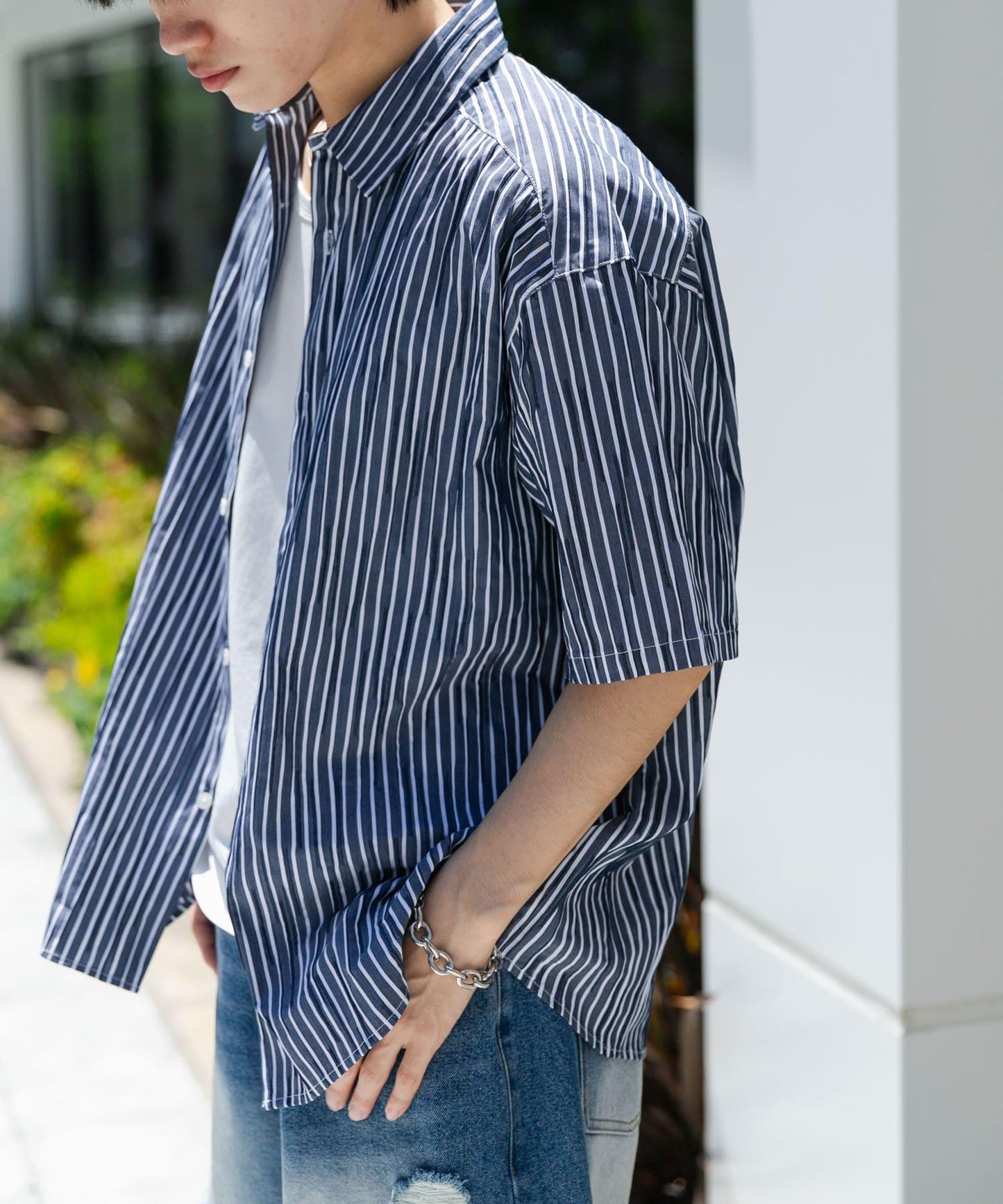 拼色提花短袖襯衫