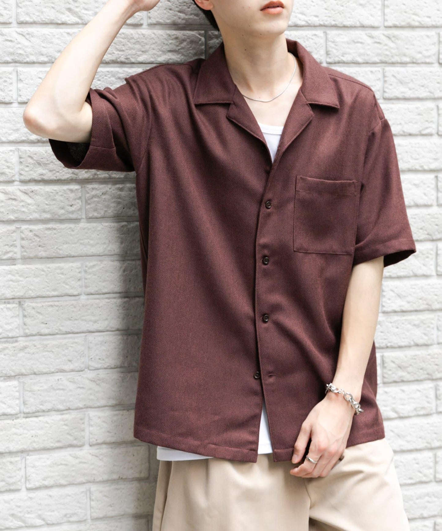 混色開領短袖襯衫