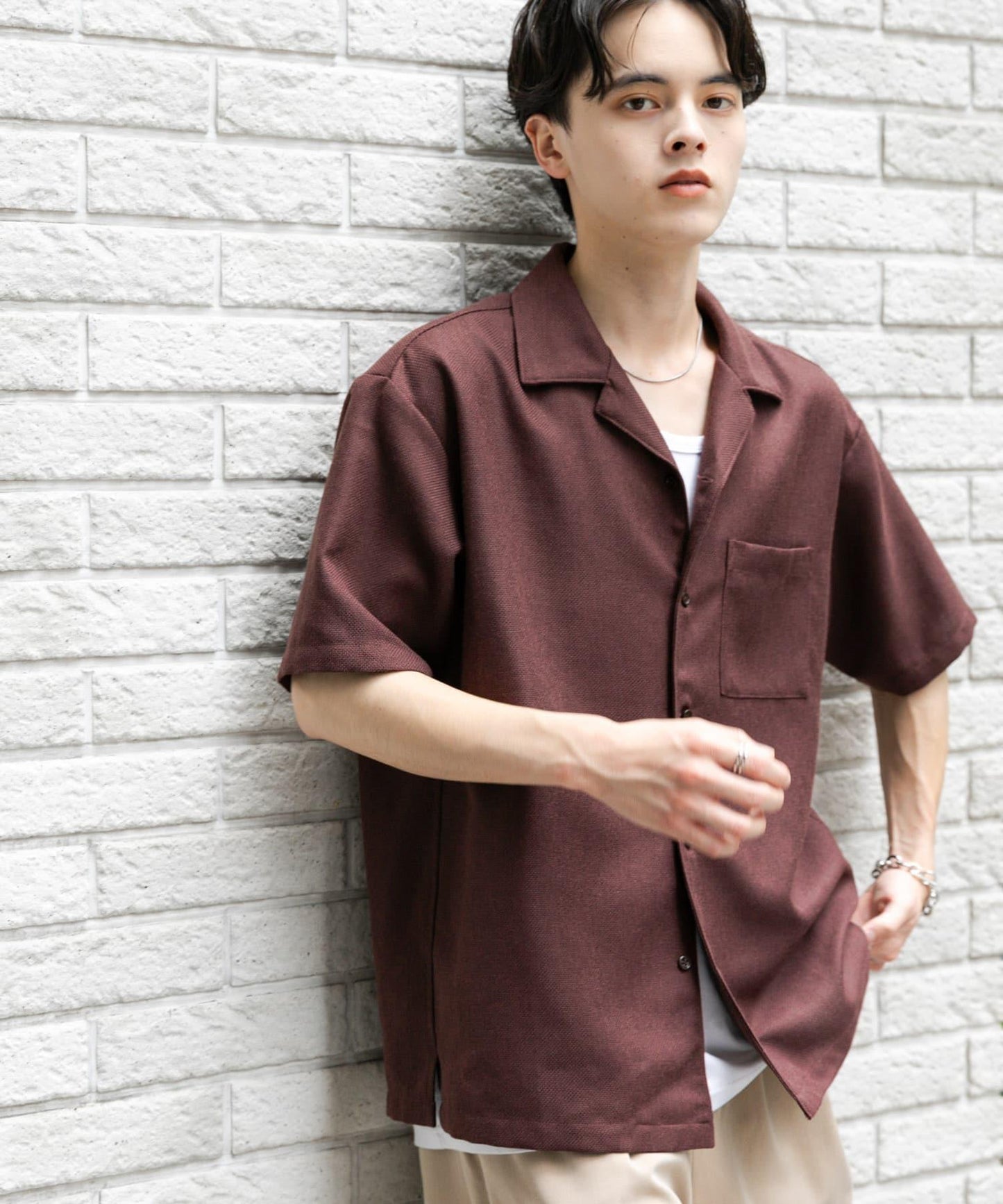 混色開領短袖襯衫