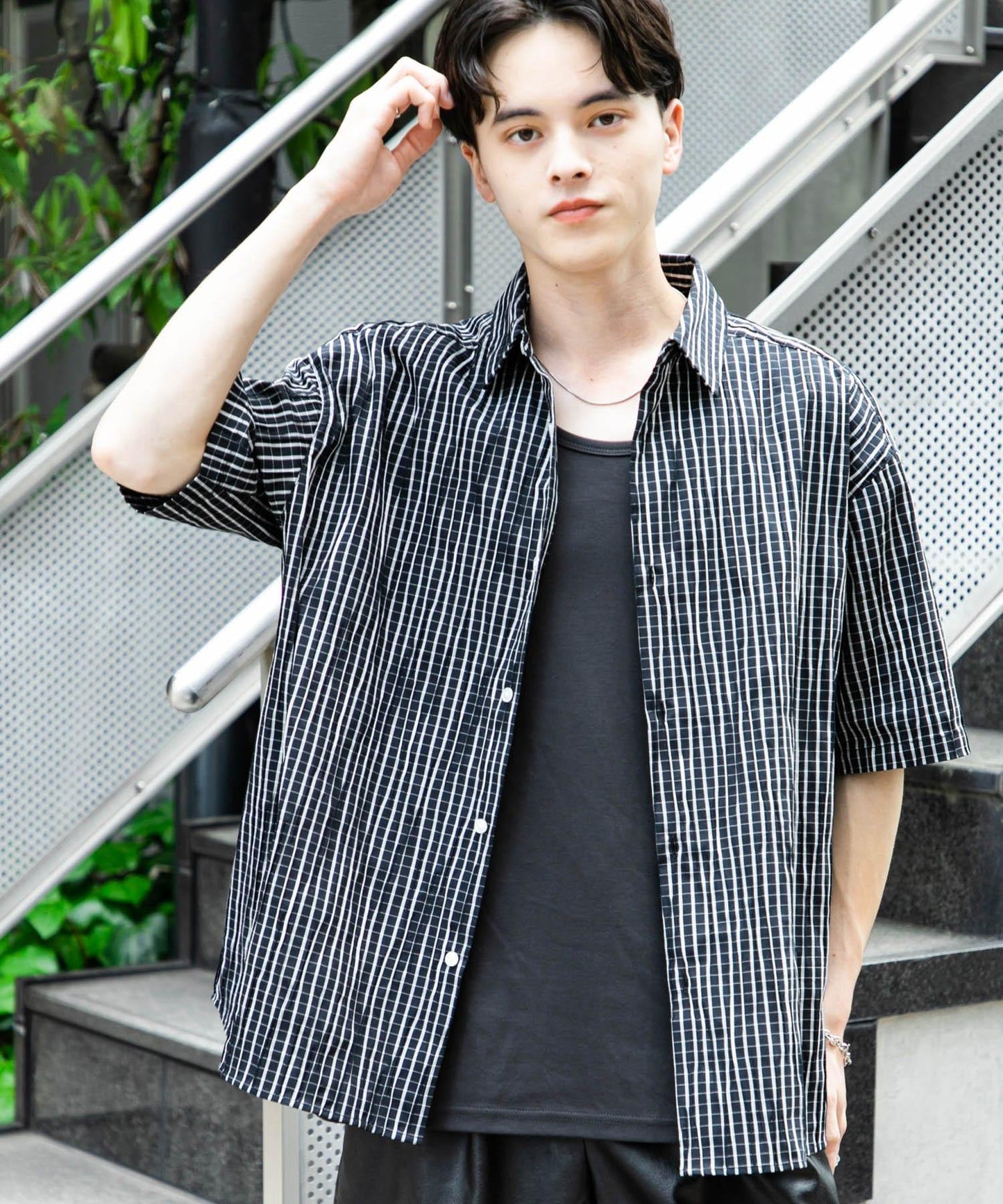 拼色提花短袖襯衫