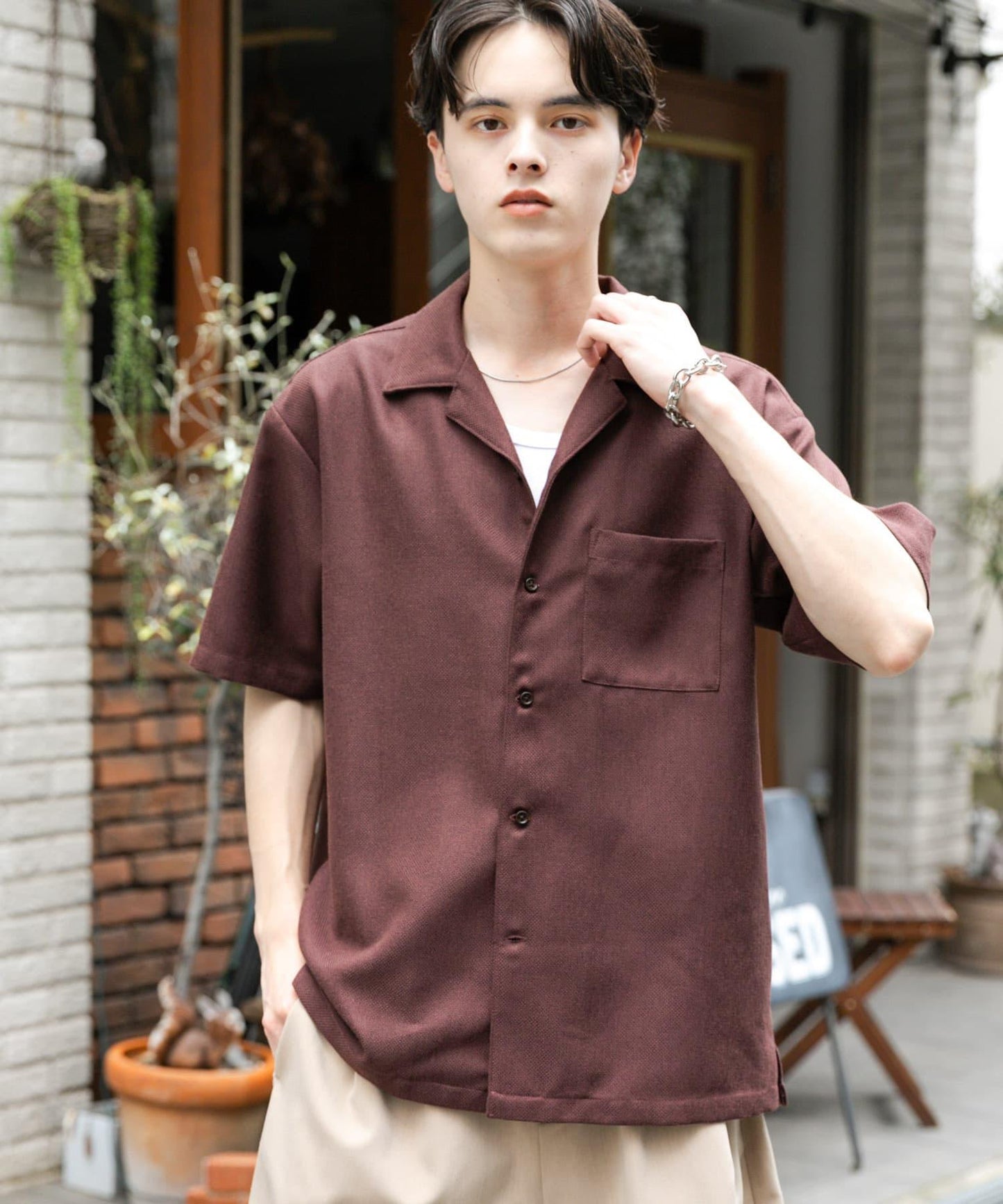 混色開領短袖襯衫