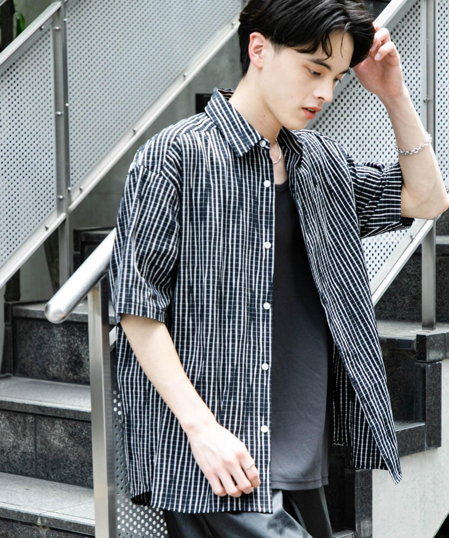 拼色提花短袖襯衫