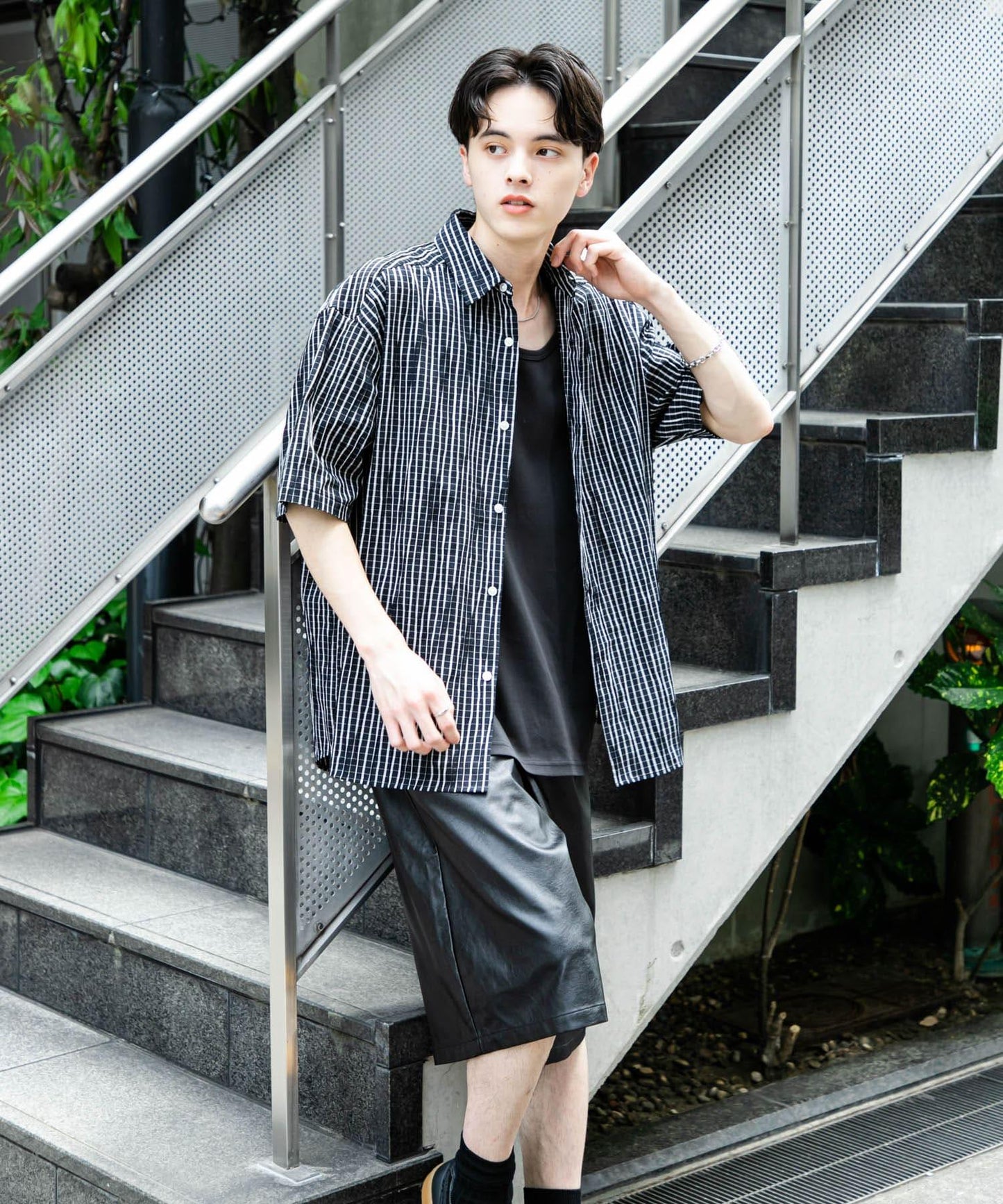 拼色提花短袖襯衫