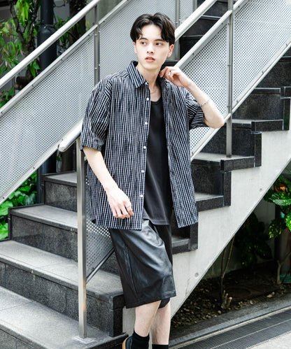 拼色提花短袖襯衫