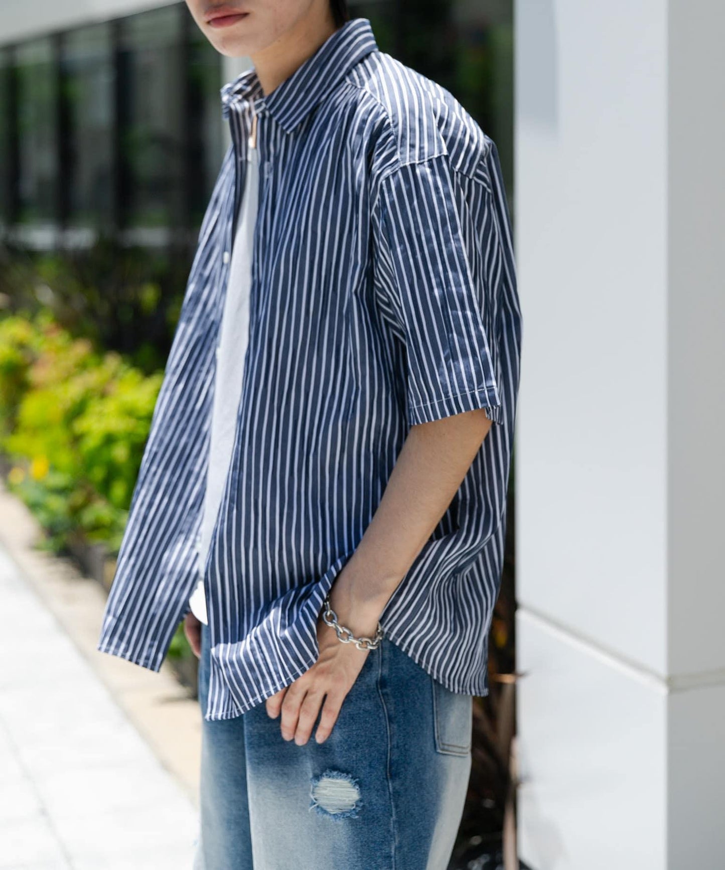 拼色提花短袖襯衫