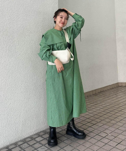 方領套裝條紋連衣裙