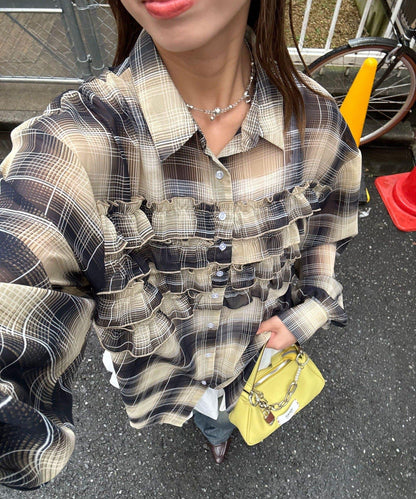 荷葉邊拼接上衣
