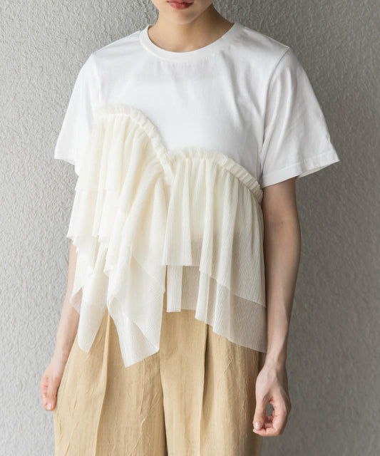 不對稱荷葉邊拼接T恤