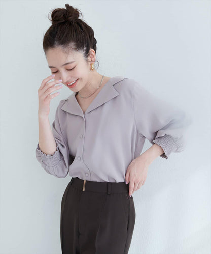 【限定】開領袖口收褶襯衫