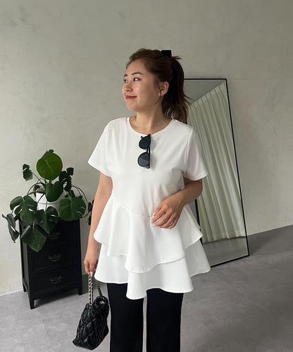 【MOMO】不對稱荷葉邊拼接荷葉邊T恤