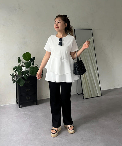 【MOMO】不對稱荷葉邊拼接荷葉邊T恤