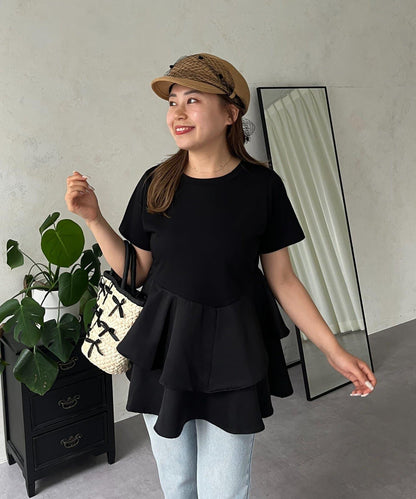 【MOMO】不對稱荷葉邊拼接荷葉邊T恤